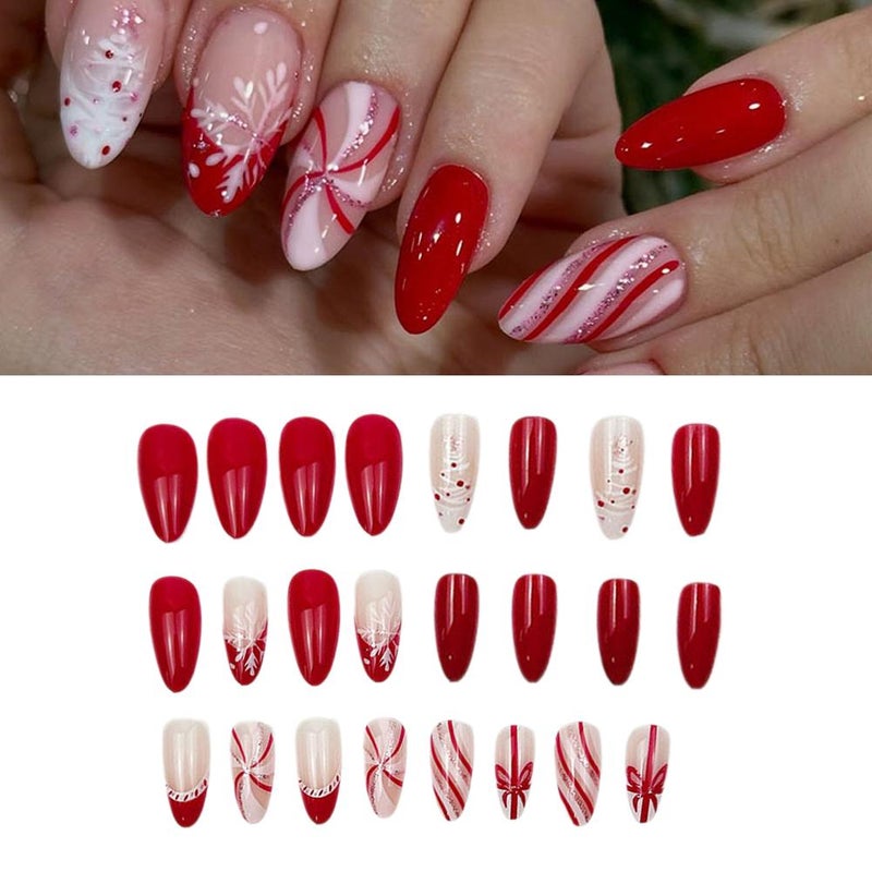 Christmas Red French Glossy Nail Art, Cute Short Round Nail Art with False Nails